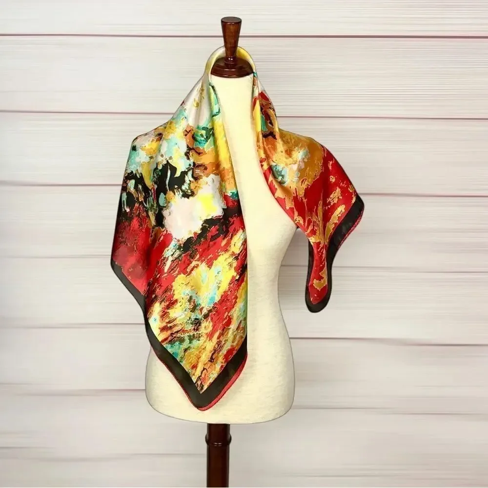 Sunflower Floral Square Silk Scarf Red Yellow 33x33